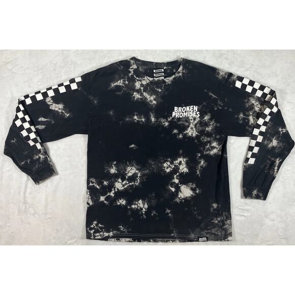 Broken Promises Bleached Tie Dye Long Sleeve Shirt SZ Medium Checkered Sleeves - Picture 1 of 12